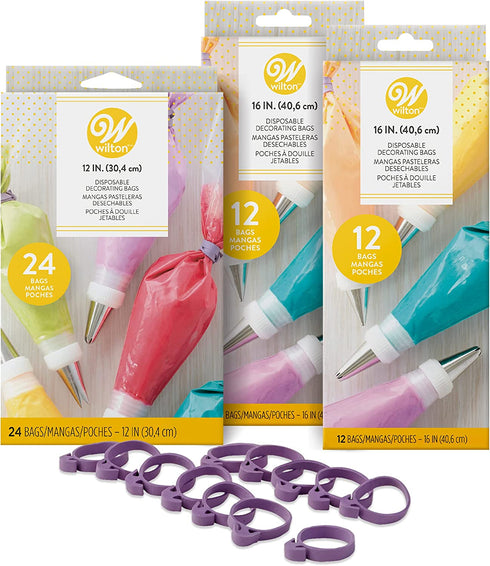 Wilton Assorted Size Disposable Decorating Piping Bags with Icing Bag Ties, 60-Piece