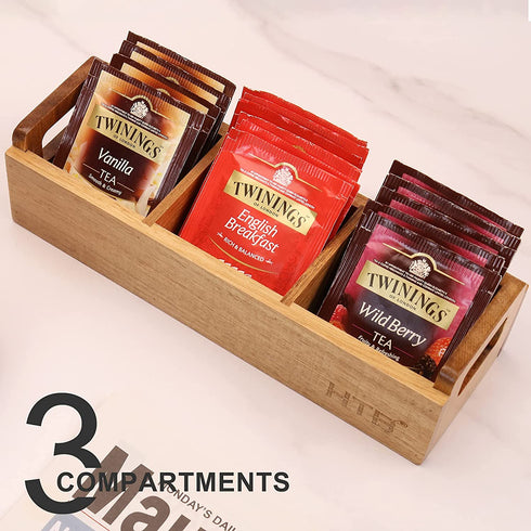 Small Wooden Tea Bag Box 2PCS by HTB, 3 Compartments Acacia Wood Tea Bag Chest with Handle, Mini Countertop Divided Storage Container for Beverage Supplies, Sugar, Sweeteners, Individual Packets
