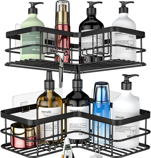 Yazoni Black Corner Shower Caddy, Adhesive Shower Organizer Corner, Bathroom Corner Shower Shelves Shampoo Holder with Hooks, Rust-proof Stainless Steel