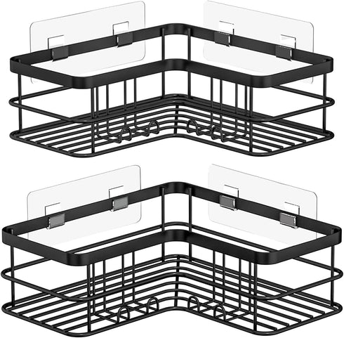Yazoni Black Corner Shower Caddy, Adhesive Shower Organizer Corner, Bathroom Corner Shower Shelves Shampoo Holder with Hooks, Rust-proof Stainless Steel