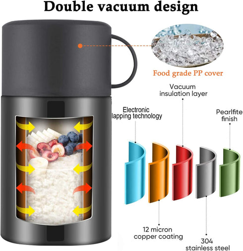 Baokai Vacuum Insulated Food Jar 20 oz, Kids Soup Thermos for Hot Food Stainless Steel Lunch Container Leak Proof Thermal Flask with Folding Spoon for School Office Picnic Travel Outdoors-Black