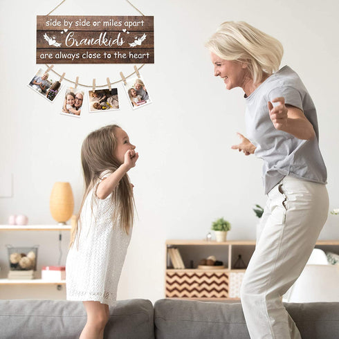 Jetec Grandkids Photo Holder Side by Side or Miles Apart Photo Frame Rustic Wooden Hanging Photo Display Board Grandmas Picture Frame with Clips and Twine for Living Room Bedroom Home Decor