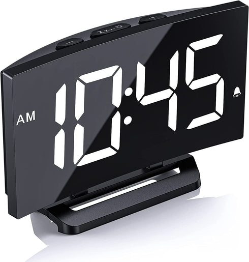Digital Alarm Clock for Bedrooms, Bedside Clock with 6 Levels of Brightness, Snooze, Adjustable Volume and 3 Alarm Sounds, 12/24Hr, Easy to Set, Curved Design, Compact Desk Clock for Bedroom Decor
