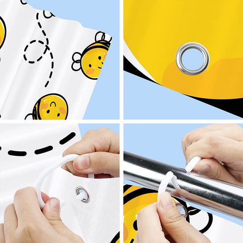 White Baby Bee Honey Cute Flying Happy Honeybee Cartoon Animal Bumblebee Shower Curtain Sets Hooks,Waterproof Polyester Curtain