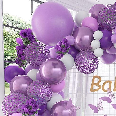 Pateeha Purple Balloon Garland Kit 145 Pcs Butterfly Baby Shower Decorations for Girl 12 Pcs Butterfly Stickers Balloons Arch White Metallic Purple Confetti for Birthday Wedding Party