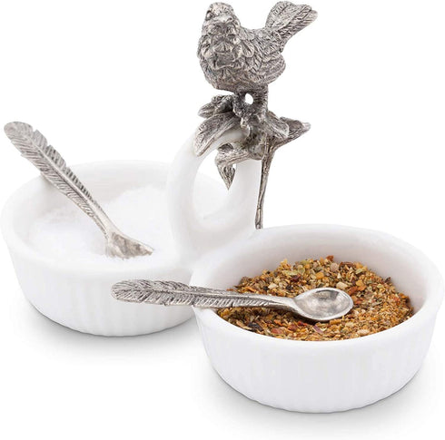 Vagabond House Song Bird Double Salt Cellar Spice Sauce Server and Place card with Pewter Feather spoons 2.5 inch Tall 4.25 inch Long 2 inch Wide