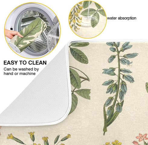 Flower Herbs Dish Drying Mat for Kitchen Counter Decor 18x24 Inch Absorbent Reversible Wild Plant Dish Mat Microfiber Drying Pad Sage Leaves Dish Drainer Rack Mats for Coffee Bar