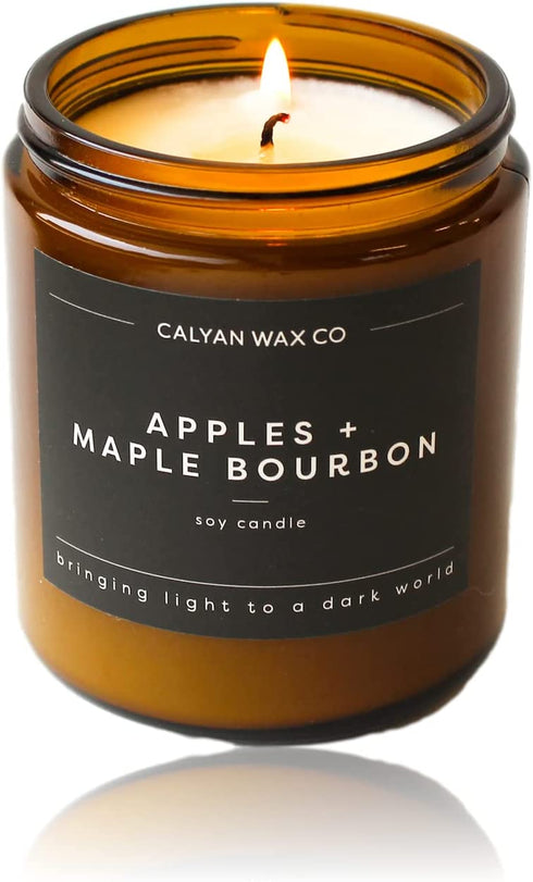 Calyan Wax Soy Wax Candle, Apples & Maple Bourbon Scented Candle for The Home | Premium Candle with Essential Oils | 7.2 oz 57 Hour Burn | Natural Soy Candle in Amber Glass Jar | Aromatherapy, Gift