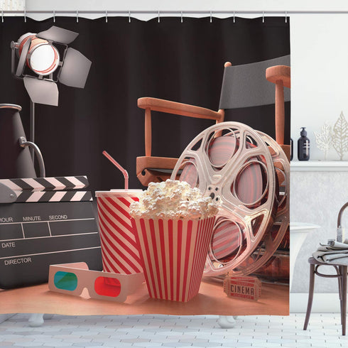 Ambesonne Movie Theater Shower Curtain, Objects of The Film Industry Hollywood Motion Picture Cinematography Concept, Cloth Fabric Bathroom Decor Set with Hooks, 69" W x 70" L, Red Black