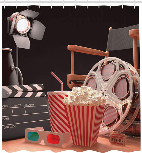 Ambesonne Movie Theater Shower Curtain, Objects of The Film Industry Hollywood Motion Picture Cinematography Concept, Cloth Fabric Bathroom Decor Set with Hooks, 69" W x 70" L, Red Black