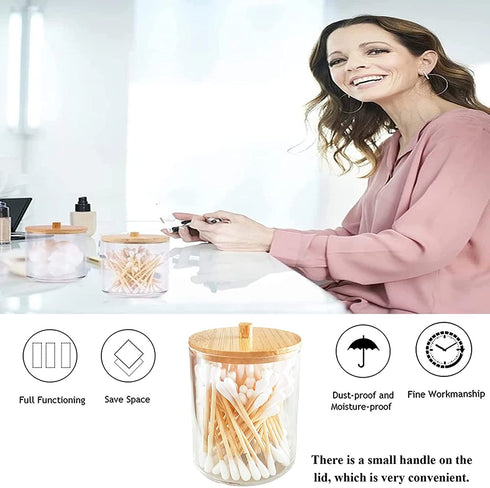 2 Pack Acrylic Qtip Holder Dispenser with Bamboo Lid,Cotton Ball Pad Round Swab Holder Apothecary Bathroom Canister Jars,Clear Plastic Vanity Organizer for Countertop Storage and Organization