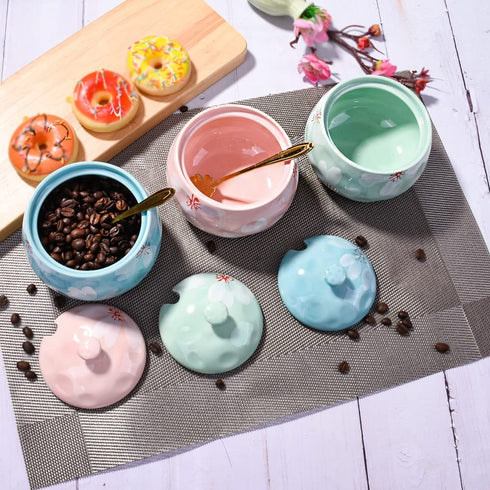 Ceramic Sugar Bowl with Lid, Ceramics Cyan Sugar Salt Pepper Storage Jar Seasoning Pot with Lid and Spoon for Home and Kitchen