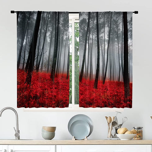Cinbloo Red Black Forest Kitchen Curtains Rod Pocket 27.5W x 39L Inch Burgundy Tree Kitchen Decor Mystic Nature Foggy Fall Scene Gothic Woodland Floral Leaves Short Design Small Window Drapes 2 Panel