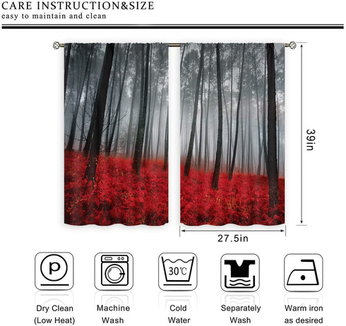 Cinbloo Red Black Forest Kitchen Curtains Rod Pocket 27.5W x 39L Inch Burgundy Tree Kitchen Decor Mystic Nature Foggy Fall Scene Gothic Woodland Floral Leaves Short Design Small Window Drapes 2 Panel