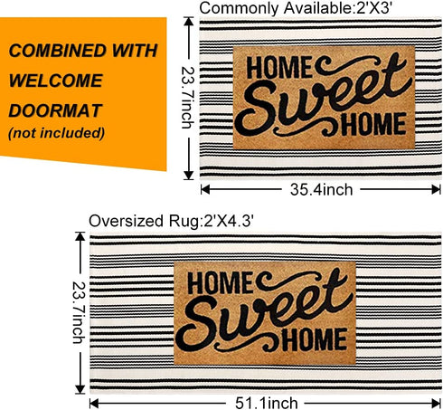 Black and White Striped Outdoor Rug, 2'x3' Cotton Modern Hand-Woven Reversible Front Porch Rug Door Mat Welcome Layered Doormat Washable Indoor Carpet for Farmhouse Laundry Room Bathroom