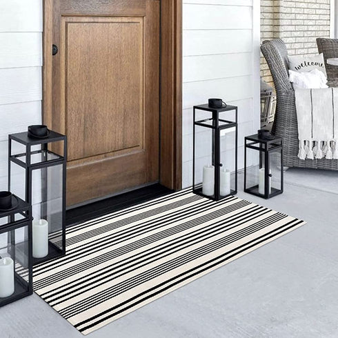Black and White Striped Outdoor Rug Runner, 2™x4.3™ Cotton Hand-Woven Reversible Front Porch Rug Washable Front Door Mat Entryway Rug Welcome Layered Doormat Carpet for Farmhouse Kitchen Laundry Room