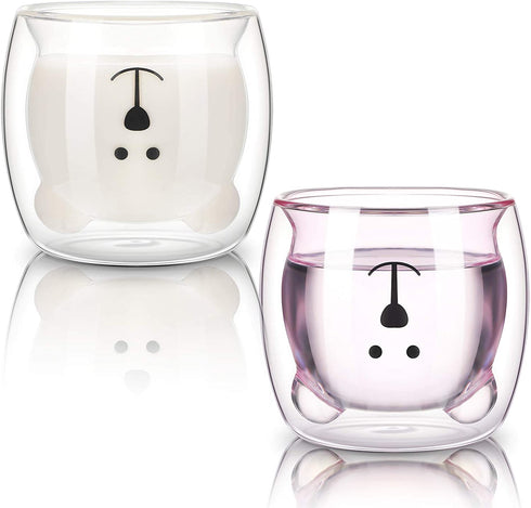 2 Pieces Cute Bear Mugs Insulated Double Wall Glass Bear Cups Animal Tea Milk Juice Chocolate Cappuccino Cups Home Glass Bear Cups Glass Mugs for Valentine's Day to lover (White, Pink)
