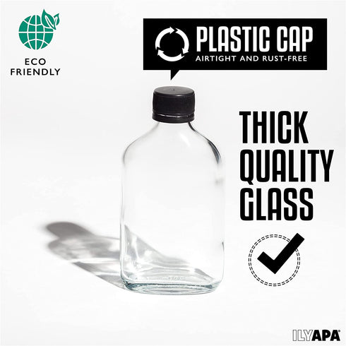 Ilyapa 200 ml Glass Flask Bottle - 6 Pack Liquor Pocket Flask with Plastic Top, Sauce, Oil, Syrup Bottle