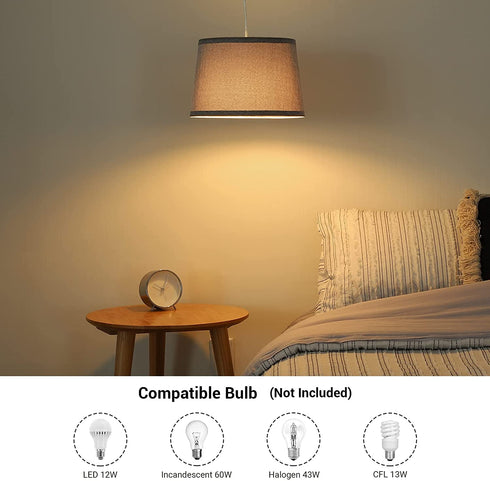 EDISHINE Plug in Pendant Light, Hanging Light with 15Ft Clear Cord, On/Off Switch, Grey Fabric Shade, Pendant Light Fixture for Bedroom, Kitchen, Living Room, Dining Table