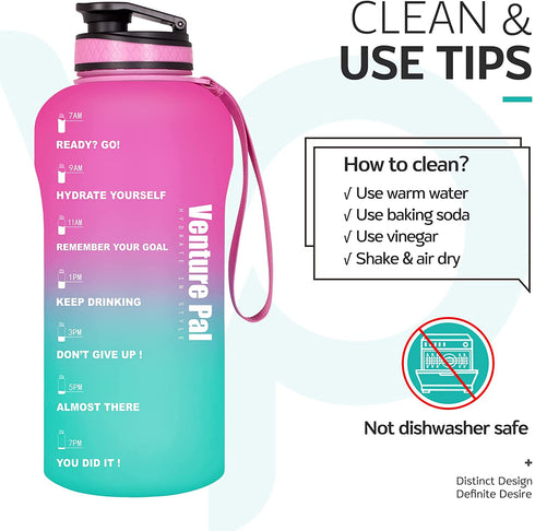 Venture Pal Half Gallon/64oz Motivational Water Bottle with Time Marker & Removable Strainer, Leakproof BPA Free Water Jug to Remind You Drink More Water, Hydrate in Style
