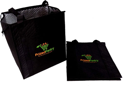 Prized Pantry 2 Pack Insulated Reusable Grocery Bags, X-Large Heavy Duty Cooler Tote Bags, Premium Insulation, Bottom Support, Wrap-Around Handles, Front Pocket, Zipper, No Leak, Keeps Food Hot/Cold