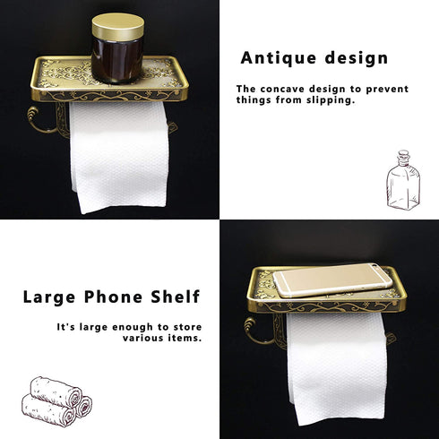 Antetek Toilet Paper Holder with Phone Shelf, Anti-Rust Aluminum Toilet Paper Roll Holder, Antique Carving Wall-Mounted Toilet Tissue Holder with Storage Shelf for Bathroom Washroom Hotel