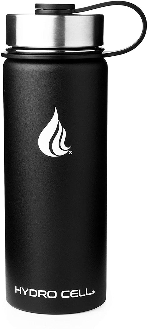 HYDRO CELL Stainless Steel Water Bottle w/ Straw & Wide Mouth Lids (64oz 40oz 32oz 24oz 18oz 14oz) - Keeps Liquids Perfectly Hot or Cold with Double Wall Vacuum Insulated Sweat Proof Sport Design (Black 18oz)