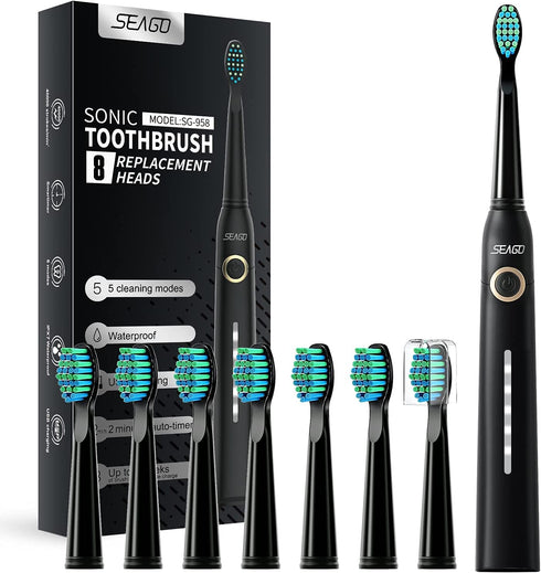 SEAGO Sonic Toothbrush for Adults and Kids, Rechargeable Electric Toothbrushs with 8 Brush Heads,One Charge Last 30 Days, 5 Modes & Smart Timer(M8-Black)
