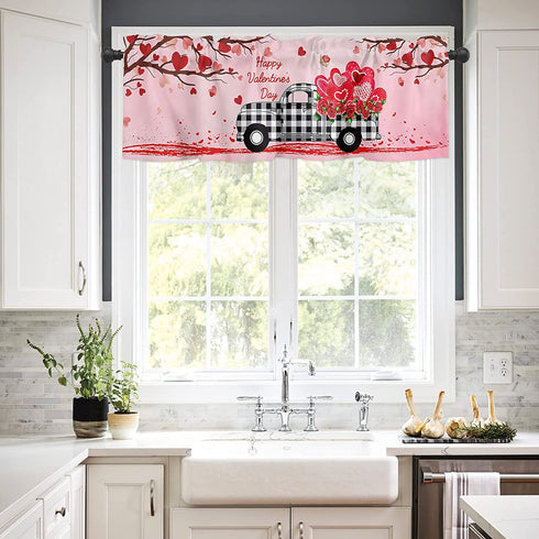 Kitchen Cafe Window Valance Valentine's Day Red Love Tree Rod Pocket Short Curtain Panel Spring Curtains, Romantic Farm Truck with Heart Window Treatments Drapes for Living Room Bathroom Bedroom