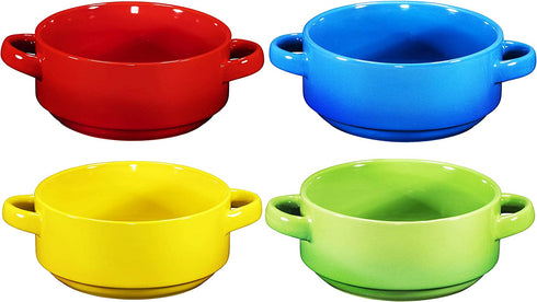 Porcelain 19 Oz. Soup Bowls With Handles - Oven Safe Bowls For French Onion Soup, Multi-Color Oven Soup Bowls, Set Of 4