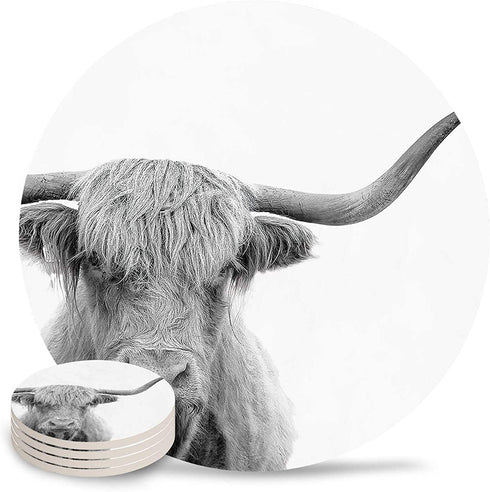 Coasters for Drinks Absorbent Coaster 6 Piece Set Grey Animal Highland Cow Pattern Funny Ceramic Cup Coaster for Cold Drinks Wine Glasses, Birthday Housewarming Gift