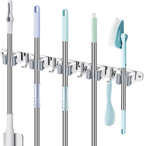 Broom Holder, Mimieyes Mop and Broom Holder Wall Mount,Stainless Steel Broom Organizer Wall Mounted Tools Hanger, Heavy Duty Storage Organization for Home Kitchen Garden Garage Room(5 Racks 4 Hooks)