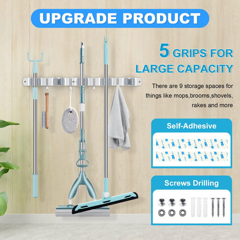 Broom Holder, Mimieyes Mop and Broom Holder Wall Mount,Stainless Steel Broom Organizer Wall Mounted Tools Hanger, Heavy Duty Storage Organization for Home Kitchen Garden Garage Room(5 Racks 4 Hooks)