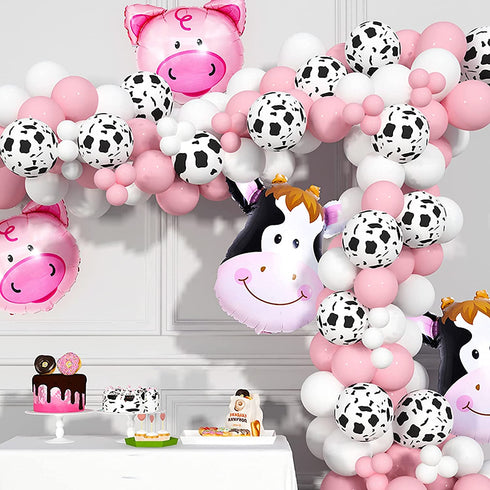 Cow Party Decorations 130 Pcs, TOPLLON Farm Animal Balloon Garland Kit with Cow Print Balloons, White Baby Pink Latex Balloons for Girls Birthday Party