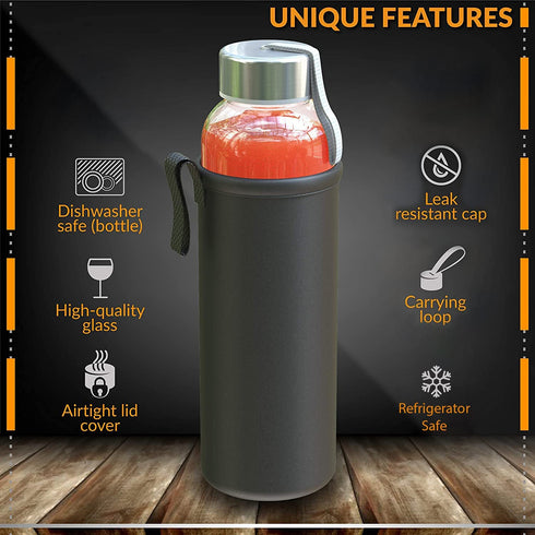 Chef's Star 18 Oz Glass Water Bottles, Glass Drinking Bottle with Protection Sleeve, Juice Bottles with Stainless Steel Leak Proof Lids, Pack of 6