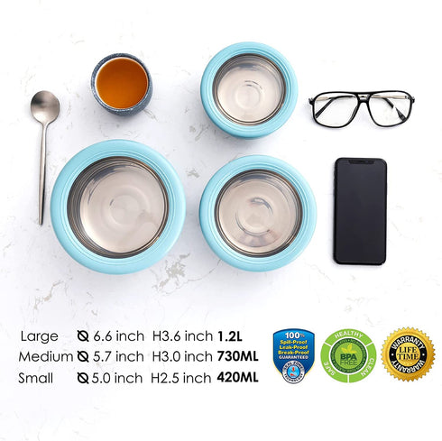 Lille Home Premium Stainless Steel Food Containers/Bento Lunch Box With Anti-Slip Exterior, Set of 3, 420ML, 730ML,1.2L, Leakproof, BPA Free, Portion Control (Blue)