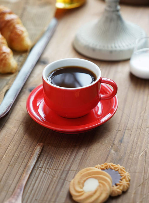 Sweese 405.404 Porcelain Stackable Espresso Cups with Saucers and Metal Stand - 4 Ounce - Set of 4, Red