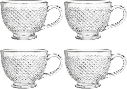 Lawei Set of 4 Glass Jumbo Mugs, 15 Oz Glass Coffee Mug with Handle Glass Cereal Cup Wide Mouth Mug for Coffee, Tea, Soup, Cereal, Ice Cream