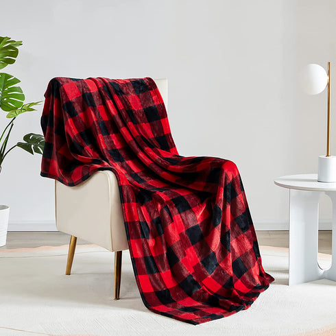 Touchat Fleece Throw Blanket, Buffalo Plaid Flannel Throw Blanket for Couch Sofa Bed, 50'' x 70'' Super Soft Warm Fuzzy Plush Blankets Decor, Lightweight Cozy Travel Camping Blanket (Red & Black)