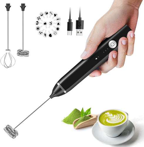 Milk Frother Handheld, Electric Foam Maker with Stainless Whisk 3 Speed for Bulletproof Coffee Extra 16 Pcs Art Stencils