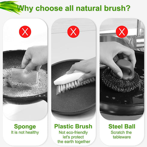 SUBEKYU Bamboo Dish Scrub Brush for Kitchen Sink, Natural Wooden Washing Dish Brush Scrubber, Sisal Bristles Brush for Household Cleaning Cast Iron Brush Pots, Pans and Vegetables