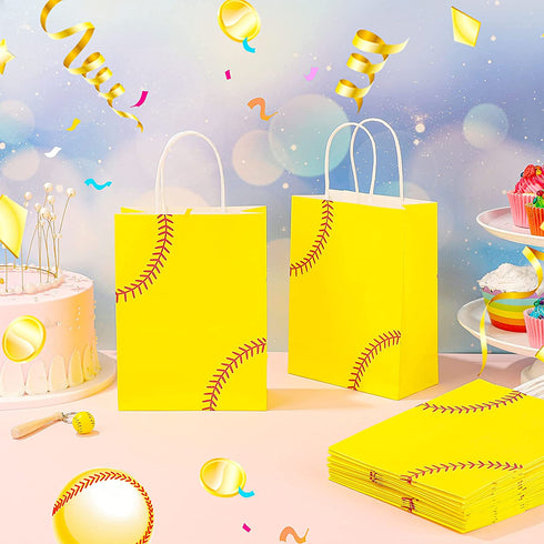 18 Pieces Softball Gift Bags Kraft Paper Bags Candy Bags Softball Party Treat Bags with Handles for Sport Softball Theme Birthday Baby Shower Favor Party Decorations