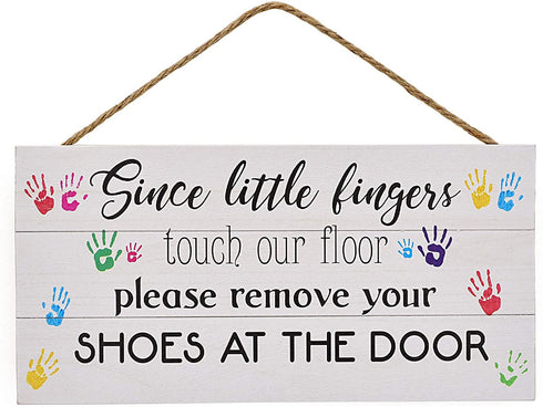 Mienno Since Little Fingers Touch Our Floor Please Remove Your Shoes at The Door Wood Hanging Sign, 7x14 inch Solid Wood Plank Hanging Sign, Decorative Wood Sign with Sayings, Entrance Corridor Sign