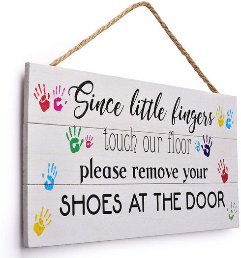 Mienno Since Little Fingers Touch Our Floor Please Remove Your Shoes at The Door Wood Hanging Sign, 7x14 inch Solid Wood Plank Hanging Sign, Decorative Wood Sign with Sayings, Entrance Corridor Sign