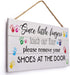 Mienno Since Little Fingers Touch Our Floor Please Remove Your Shoes at The Door Wood Hanging Sign, 7x14 inch Solid Wood Plank Hanging Sign, Decorative Wood Sign with Sayings, Entrance Corridor Sign