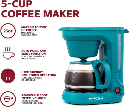 Holstein Housewares - 5-Cup Compact Coffee Maker, Teal - Convenient and User Friendly with Auto Pause and Serve Functions,HH-0914701E