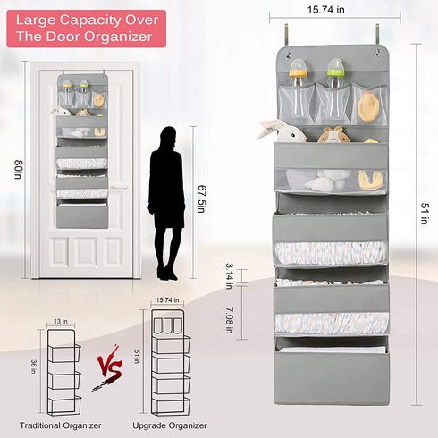Over Door Hanging Organizer Storage - 7 Large Pockets Closet Bathroom Baby Nursery Organizer Perspective Window Wall Mount Rack for Clothes Toys Sundries(Grey)