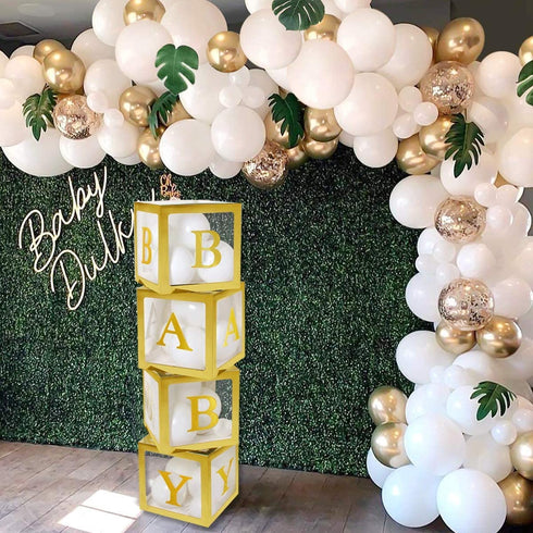 Gold Baby Shower Boxes 4 Pcs Gold Transparent Balloon Boxes with 4*4 Gold BABY Letters, Gold baby shower blocks for Boys Girls , Letter Boxes for Birthday Party, Gender Reveal Backdrop