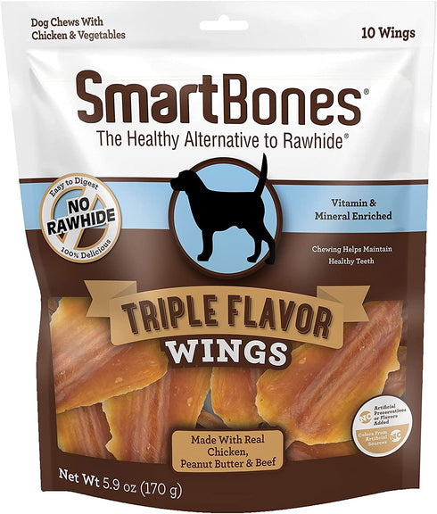 SmartBones Triple Flavor Wings Made with Real Chicken, Peanut Butter & Beef No-Rawhide Dog Chews, 5.9 oz., Count of 10