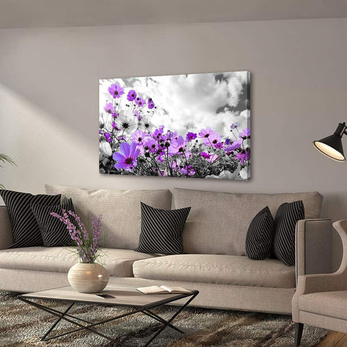 Modern Purple Flowers Canvas Art Wall Decor Black and White Framed Galsang Floral Prints and Posters Wall Hanging Decorations Ready to Hang for Bedroom Bathroom (Purple, 16x24inx1)